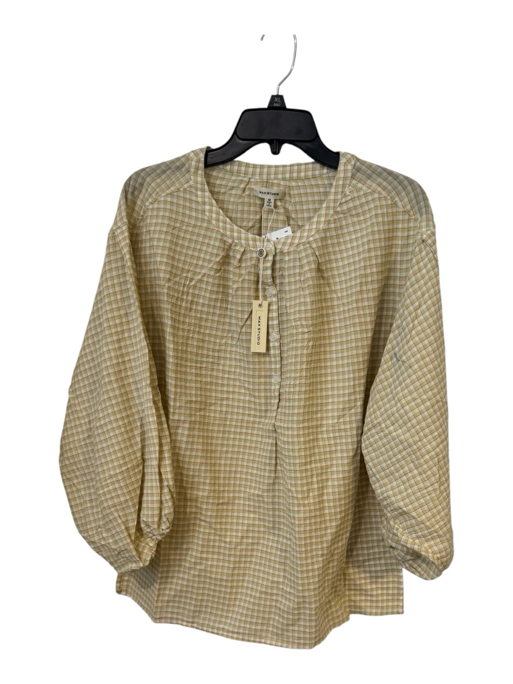 Max Studio NWT Cotton Plaid Peasant Blouse Green Balloon Sleeve Medium M - Picture 2 of 10